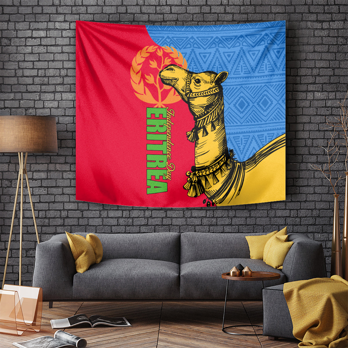 Eritrea camel wall tapestry with red, blue, yellow sections and green vertical text