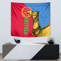 Eritrea camel tapestry with green vertical lettering, laurel emblem, and blue geometric pattern