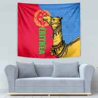 Eritrea Independence Day camel tapestry with red, blue, yellow colors and green text