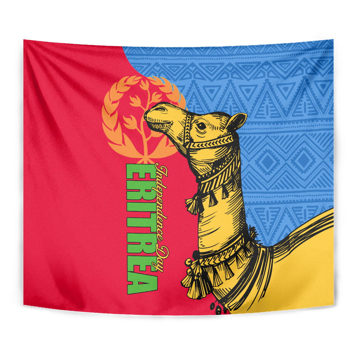 Close-up Eritrea camel wall tapestry with red, blue, yellow panels and green vertical letters