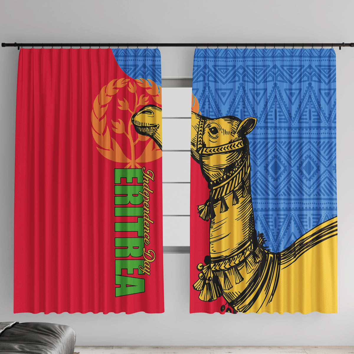Paired window curtain panels, red and blue, featuring a gold camel and geometric motifs