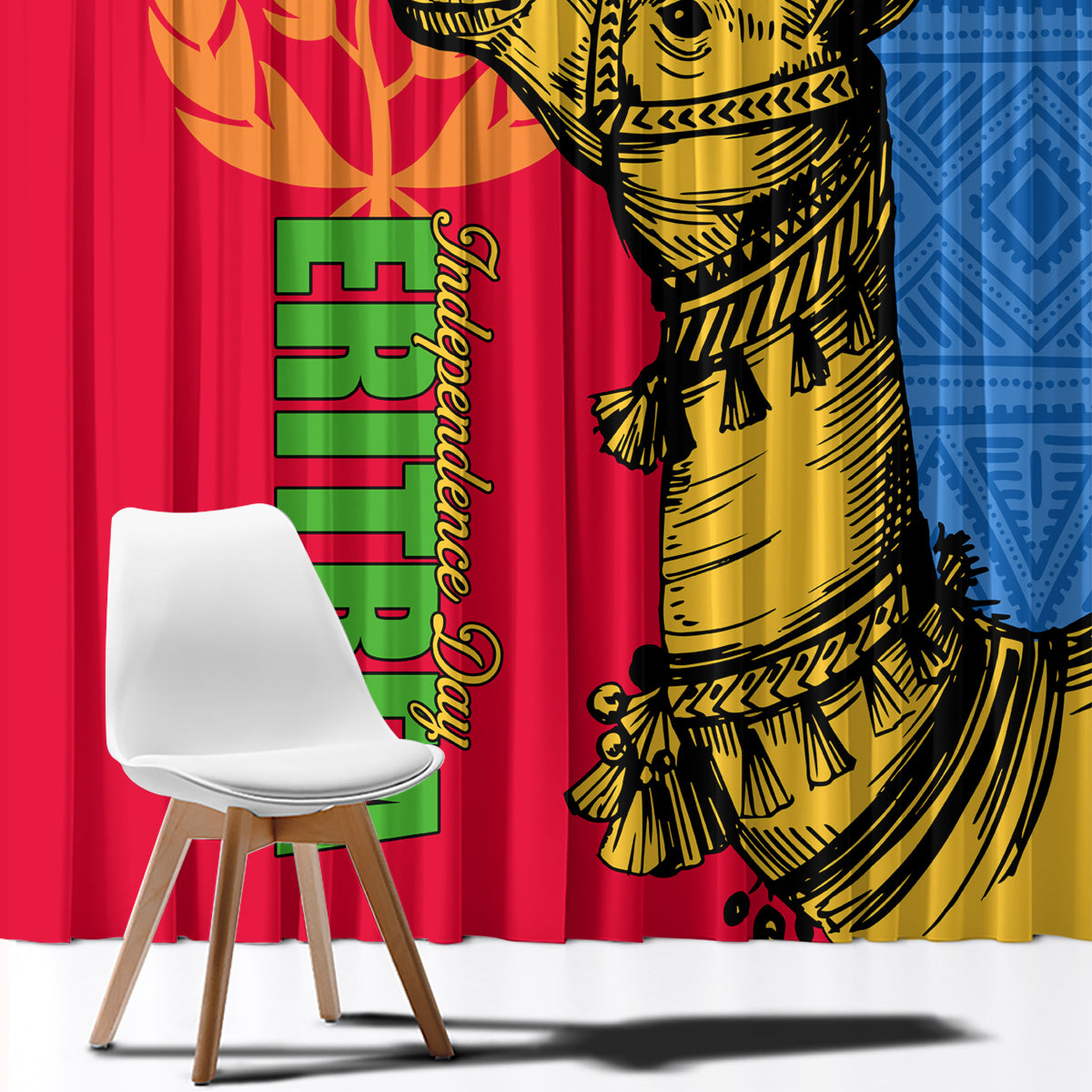 Eritrean camel window curtain panel with red, blue, and gold patterned design