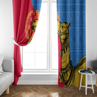 Window curtain set with red left panel and blue right panel featuring a camel graphic