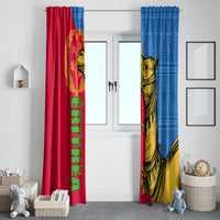 Tall window curtain panels, red and blue, with camel graphic and decorative patterns