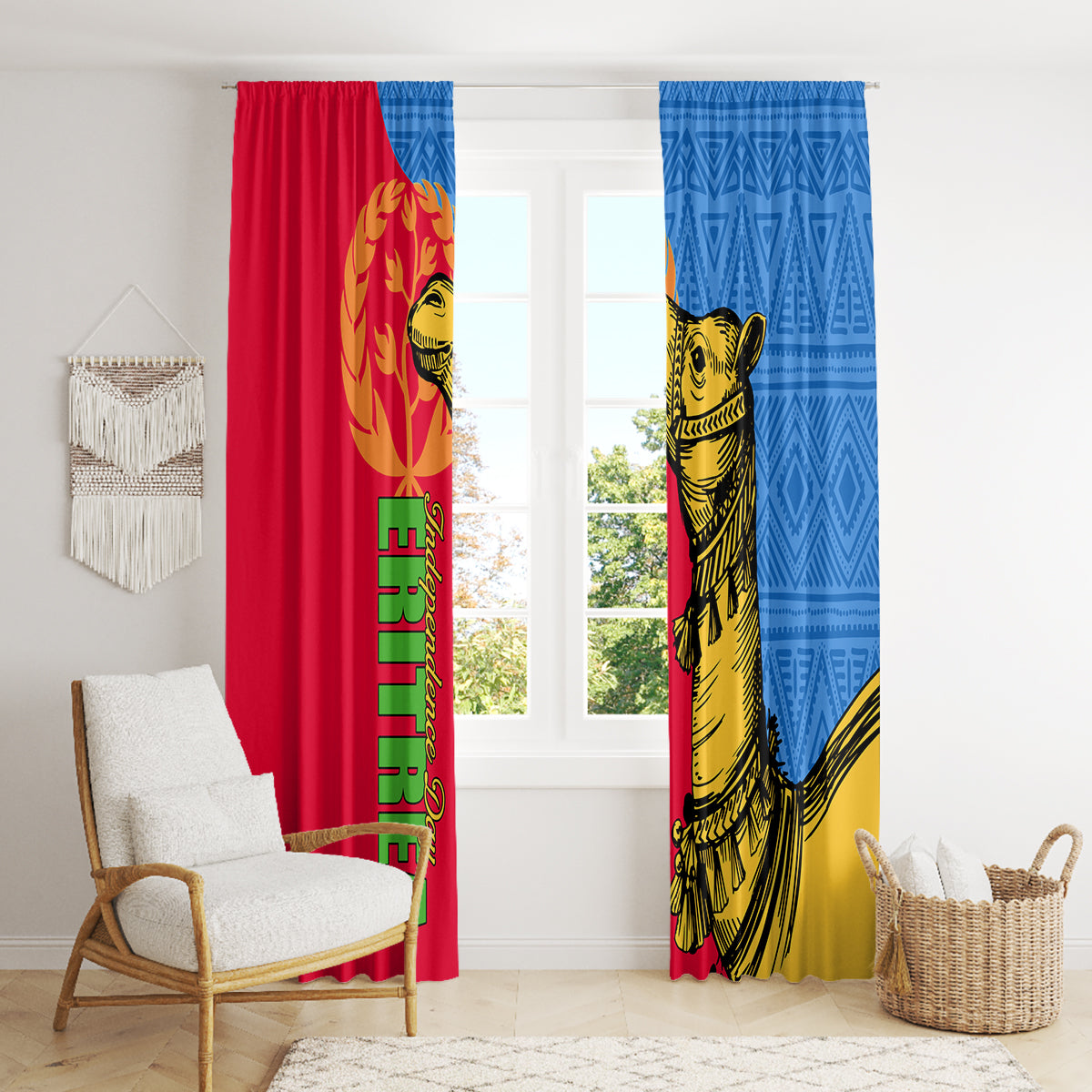 Two hanging window curtain panels, red and blue, with camel illustration and text