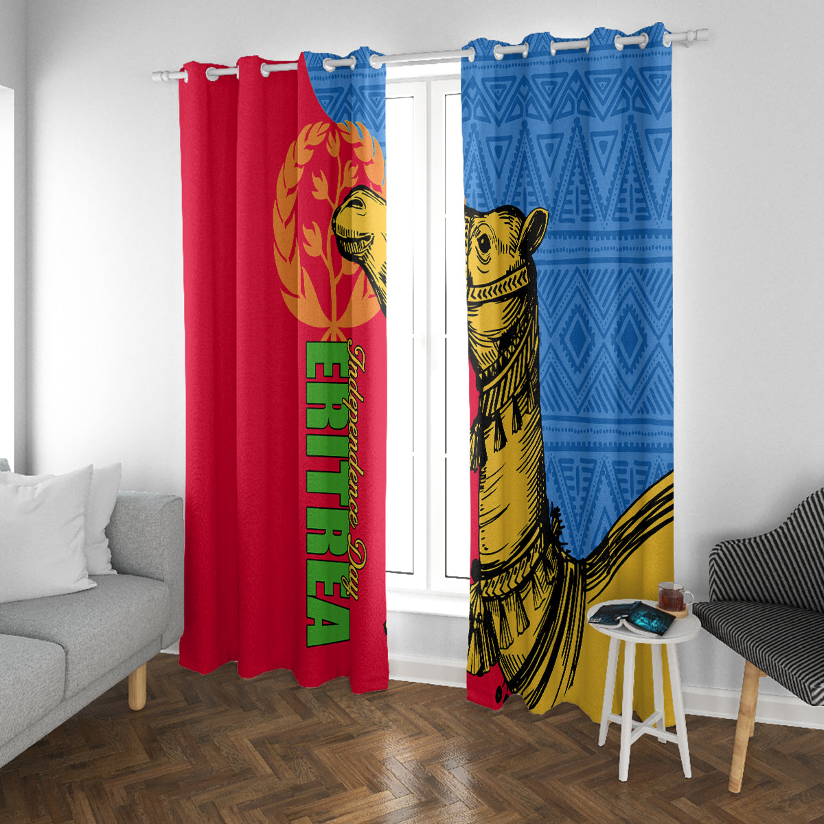 Window curtain set with red and blue panels, gold camel illustration, and patterned borders