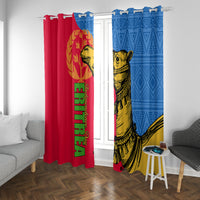 Window curtain set with red and blue panels, gold camel illustration, and patterned borders