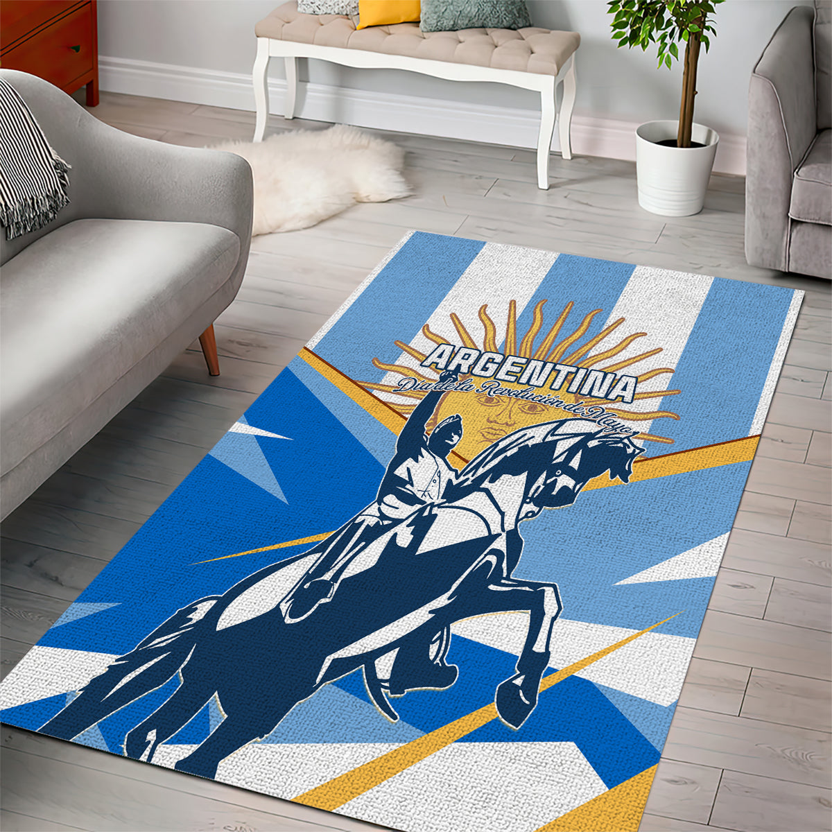 Blue area rug featuring Argentina logo, rider on horseback, and white and yellow stripes