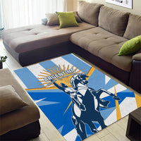 Blue Argentina area rug with mounted rider illustration and bold white and yellow border