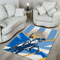 Blue Argentina-themed floor rug with western rider artwork and yellow edge stripes