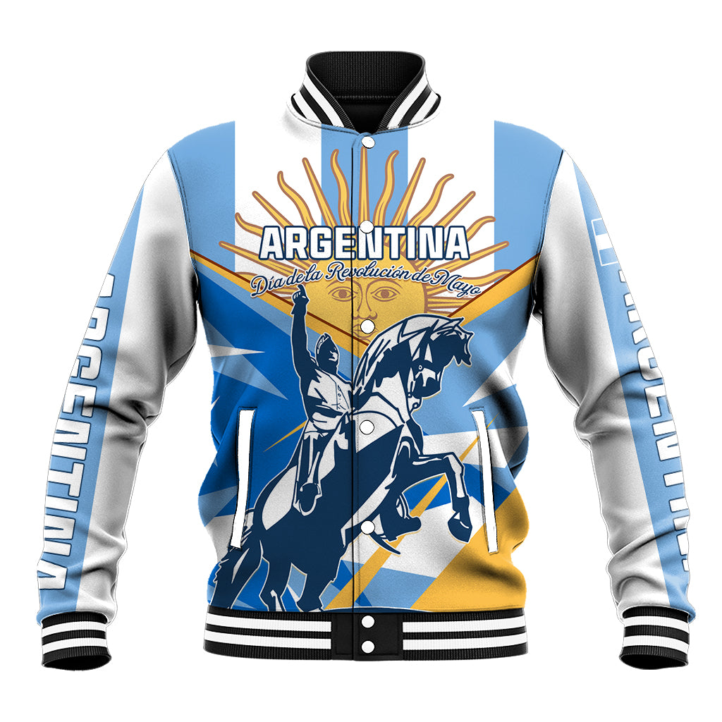 Blue and gray baseball jacket with Argentina graphic and warrior front