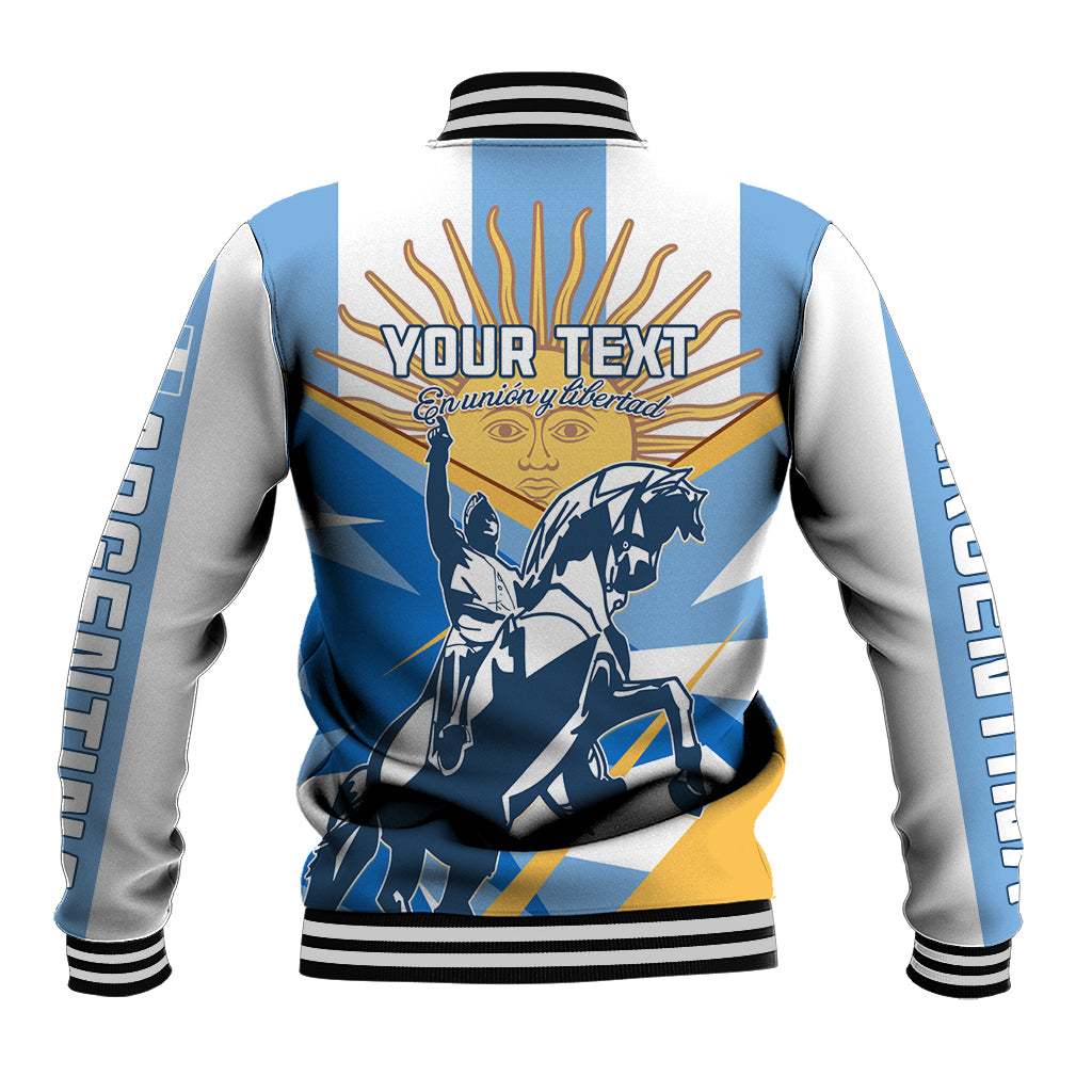 Blue and gray baseball jacket with back graphic and 'YOUR TEXT' banner