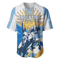 Blue and white baseball jersey with front button placket, 'ARGENTINA' graphic and soldiers