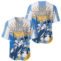 Two blue and white baseball jerseys: front 'ARGENTINA' and back 'YOUR TEXT' graphic