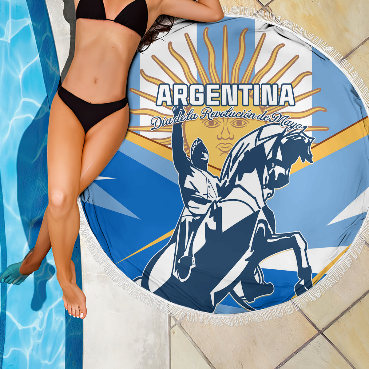 Blue circular beach blanket with fringe edge, Argentina text and warrior illustration
