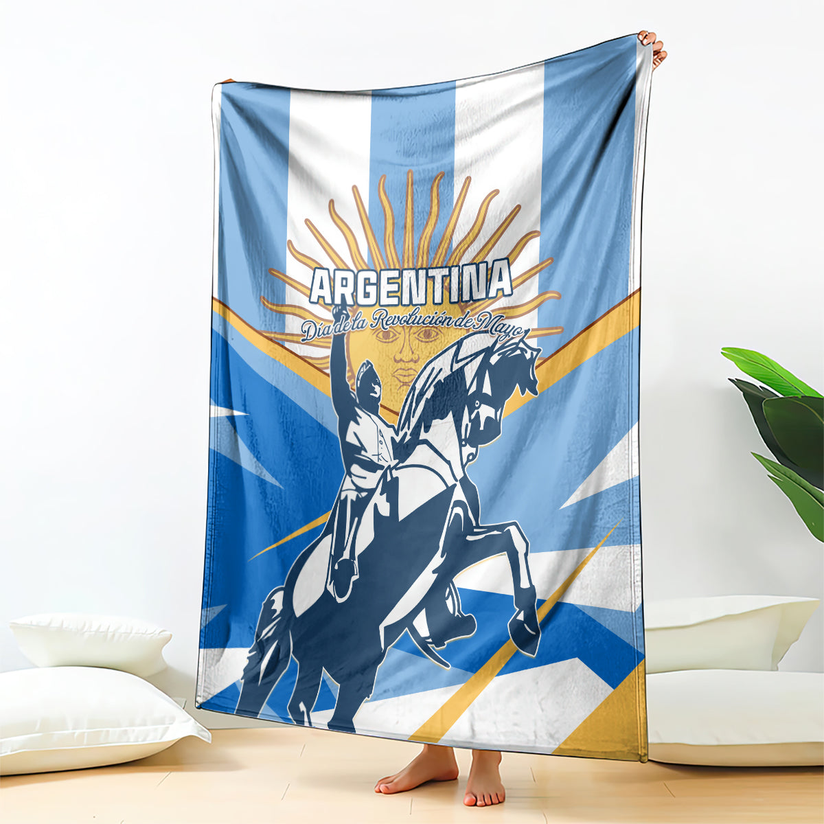 Blue and white Argentina banner-style blanket with rider silhouette and text