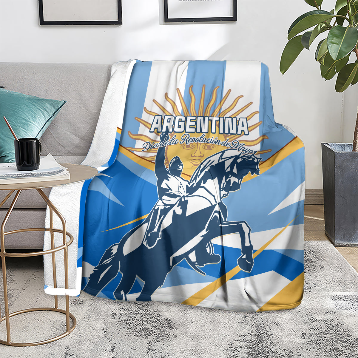 Blue and white Argentina blanket over chair with rider and sunburst