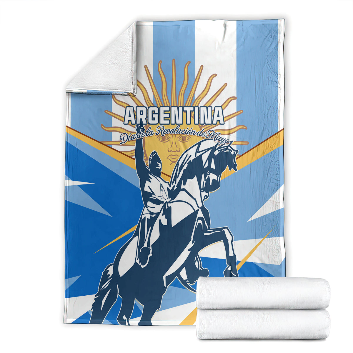 Folded blue and white Argentina Revolution Day blanket with horse-rider artwork