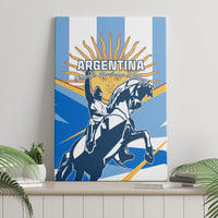Blue canvas wall art with Argentina text and horse-rider illustration, sunburst rays