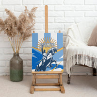Argentina canvas wall art on wooden easel with horse-rider graphic in blue