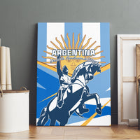 Blue canvas wall art featuring Argentina text, horse rider and gold rays