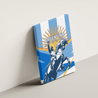Blue Argentina canvas wall art featuring horse and rider with gold sunburst rays