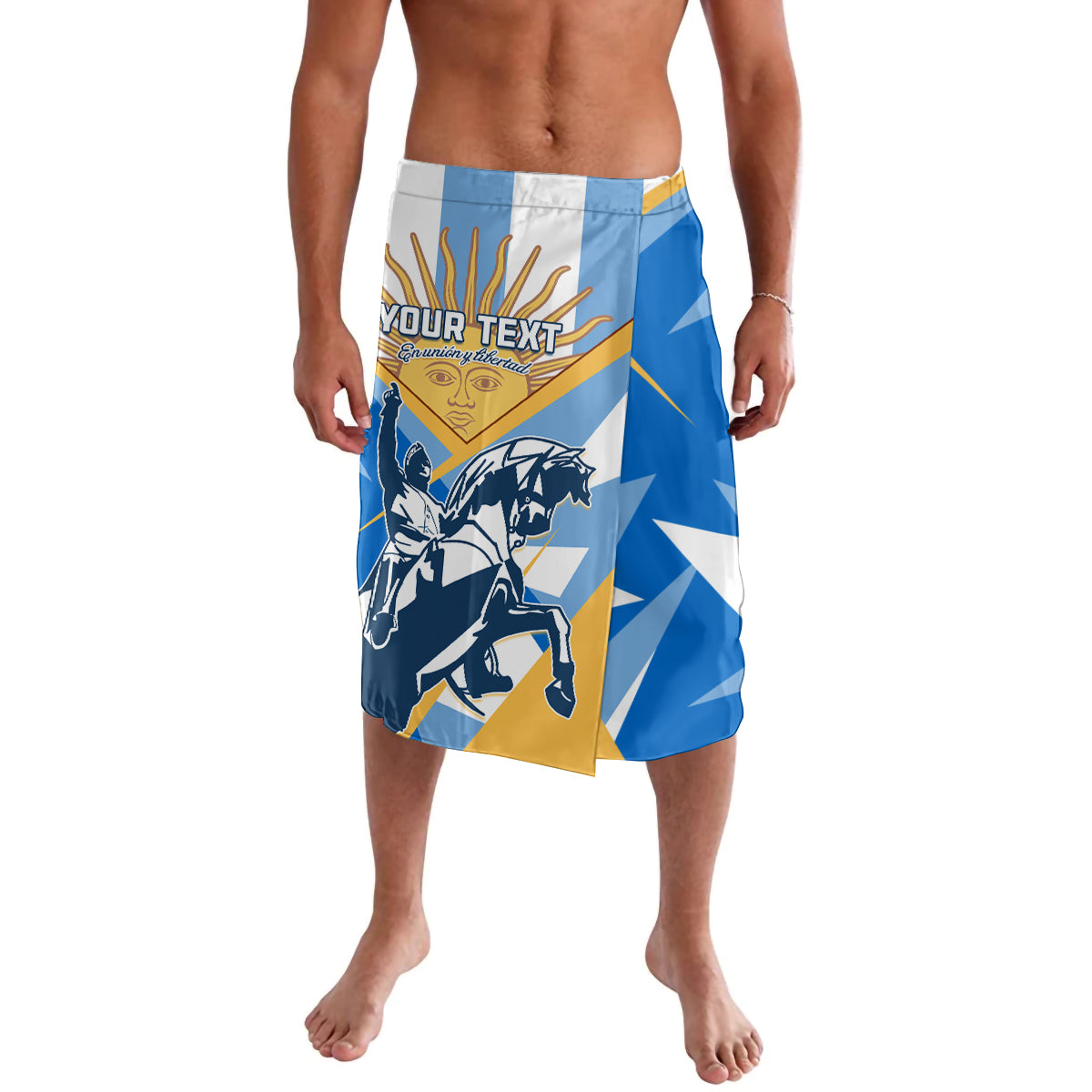 Men's blue graphic swim shorts with white/yellow panel and horse rider print