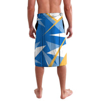 Men's blue graphic swim shorts with geometric white and yellow accents