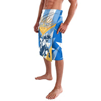 Men's blue graphic swim shorts side view with horse rider and text patch