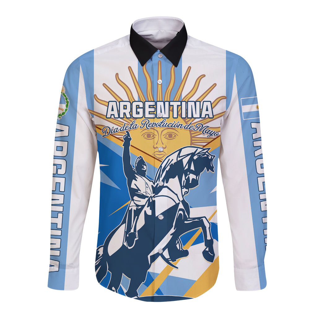 Blue and white long-sleeve button shirt with Argentina graphic and warrior horse print