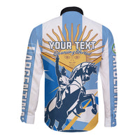 Blue and white long-sleeve button shirt with YOUR TEXT back graphic and warrior scene