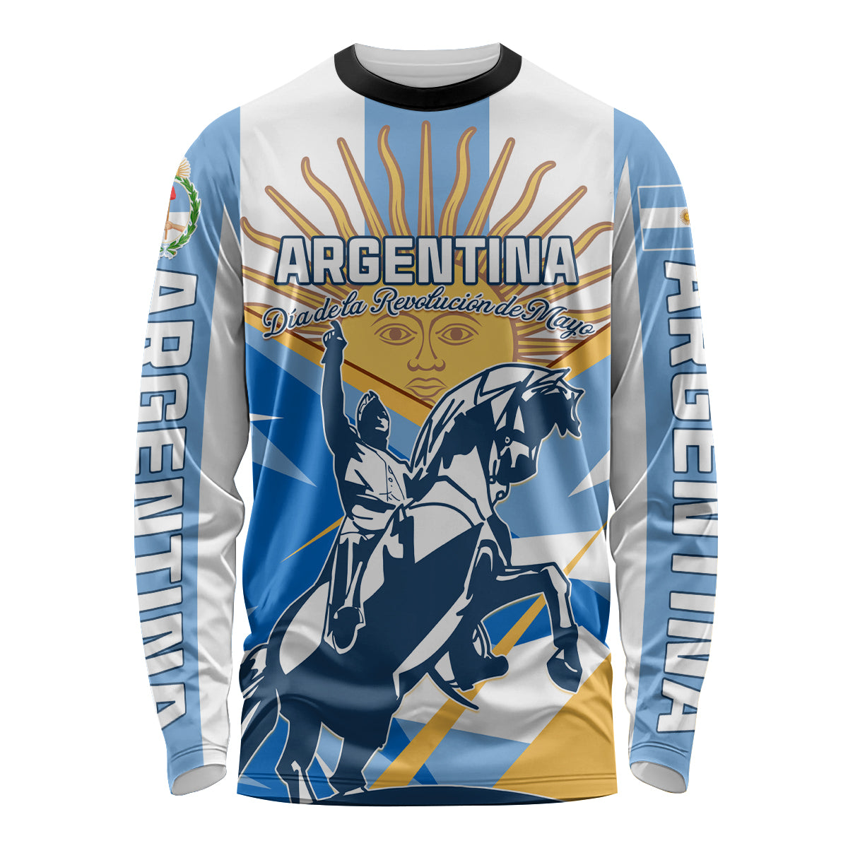 Unisex long-sleeve crew-neck shirt with blue-white Argentina warrior graphic