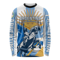 Unisex long-sleeve crew-neck shirt with blue-white Argentina warrior graphic
