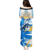 Blue long off-shoulder dress with warrior graphic and Argentina flag pattern