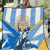 Argentina Revolution Day quilt in blue, white, and yellow with rider graphic and Argentina text