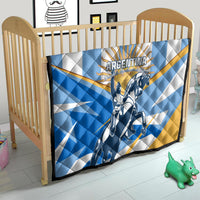 Argentina quilt on a wooden crib, blue and white with yellow accents and rider artwork