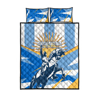 Blue, white, and gold quilt and two pillowcases set with Argentina warrior center print