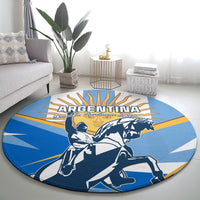 Blue round carpet with Argentina text ribbon, cavalry illustration and radiant yellow accents