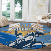 Blue circular carpet with Argentina banner and white-navy revolution cavalry artwork