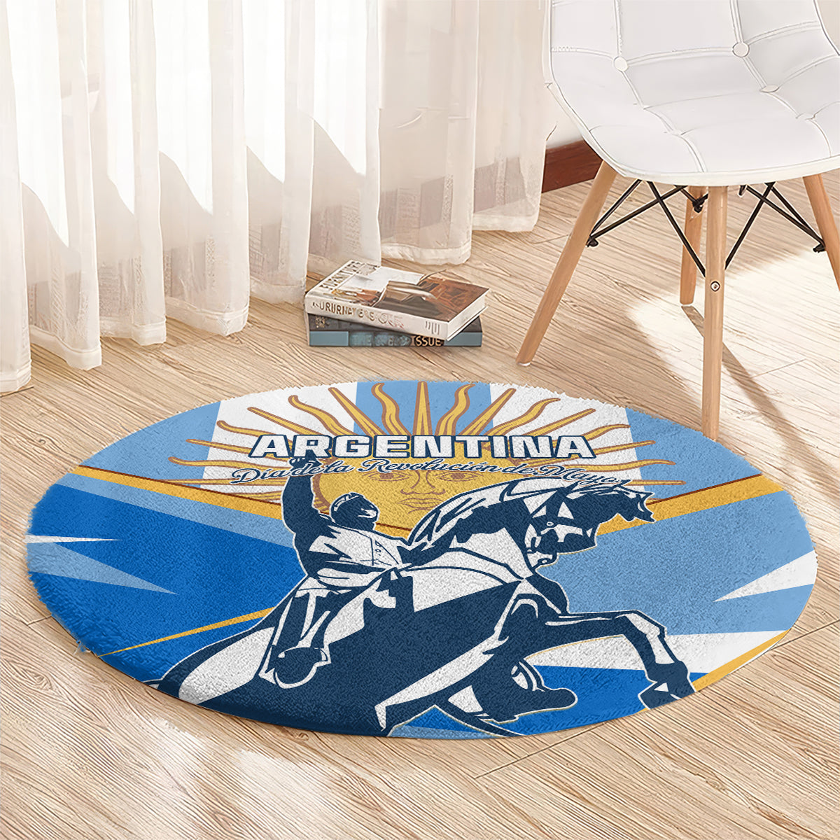 Blue round carpet with Argentina wordmark, cavalry silhouettes, and yellow-gold sunburst lines