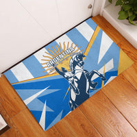 Blue rubber doormat with Argentine flag graphic and warrior rider illustration