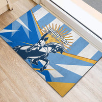 Blue rubber doormat with Argentine wordmark, horse rider graphic, blue white rays