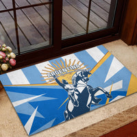 Blue rubber doormat with Argentine flag design and warrior silhouette near entry door