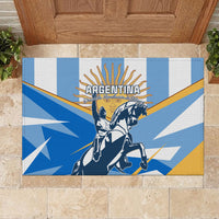 Blue rubber doormat with central Argentine wordmark and horse-mounted warrior artwork