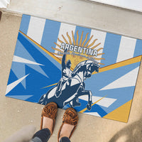 Blue rubber doormat with Argentine flag rays, gold border, and warrior rider graphic