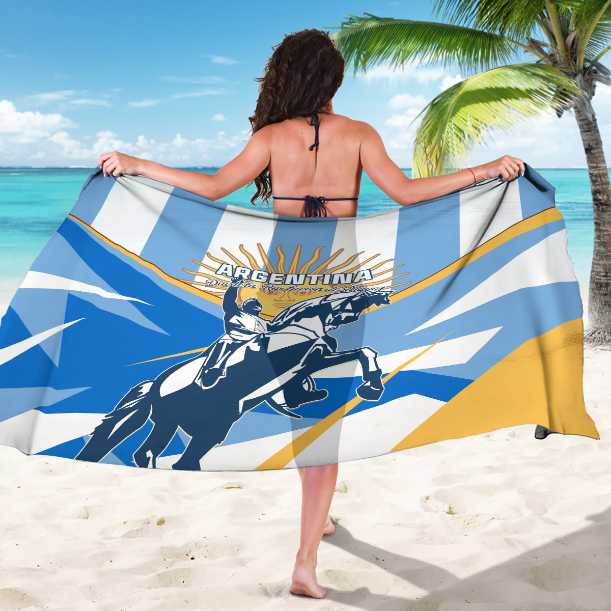 Argentina-themed sarong, blue and white stripes with warrior print, draped over back