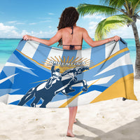Argentina-themed sarong, blue and white stripes with warrior print, draped over back