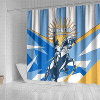 Blue and white Argentina shower curtain panel with warrior graphic, stripes, and gold border