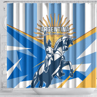 Blue and white Argentina flag shower curtain featuring centered warrior emblem and gold detail
