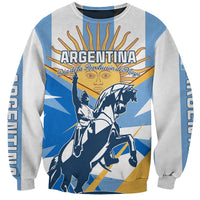 Unisex crewneck sweatshirt, gray sleeves with blue graphic front of Argentina and horses